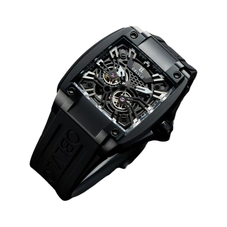 OBLVLO Armbanduhr Automatik, Tonneau, Edelstahl, Schwarz, Kautschuk, Herren - Bild 5