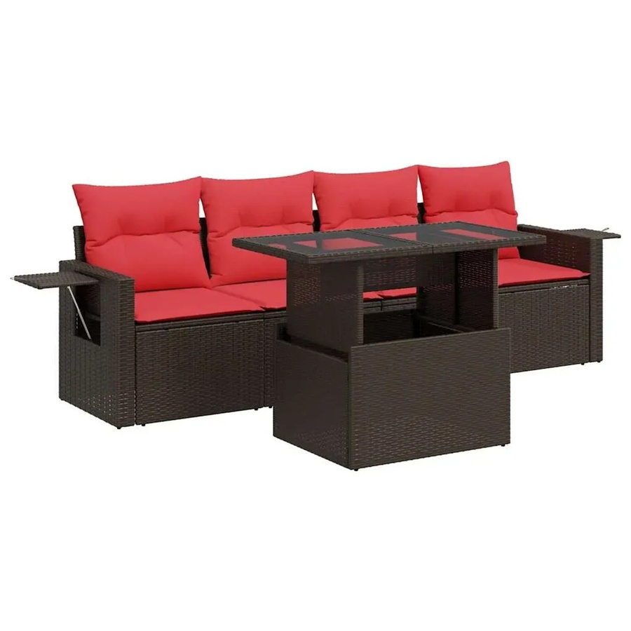 vidaXL 5-teilige Garten-Sofagarnitur in L-Form aus braunem Poly-Rattan und Akazie mit Kissen und Tisch - Bild 2