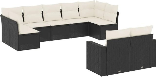 vidaXL 9-teilige Garten-Sofagarnitur in L-Form aus Poly-Rattan mit Kissen in Schwarz und Cremeweiß - Bild 1