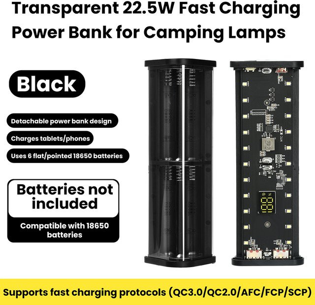 DIY Batterie Ladegerät 22,5 W Schnellladegerät für 6 Stück 18650 Akkus, transparent/schwarz, ohne Löten - Bild 1