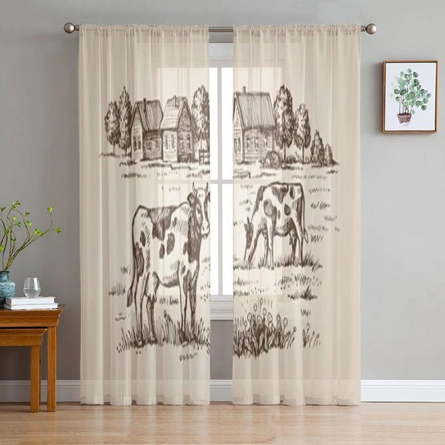 Transparente Tüll-Vorhänge von A Family Of Home Textiles mit Dorf- und Landschaftsmotiven in Weiß, B: 135 cm, H: 114 cm - Bild 1
