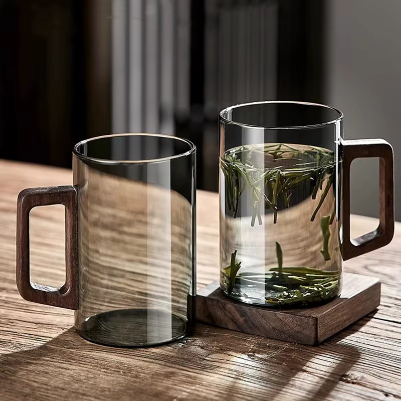 YWDL Glas Tassen Set mit Walnuss Griff, 6er Set, transparent, 300 ml pro Tasse - Bild 3