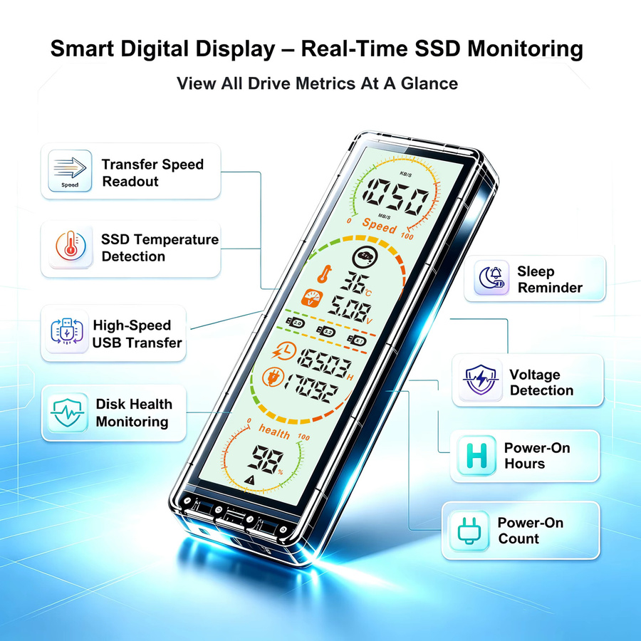 HSEN Transparentes M.2 SSD-Gehäuse mit Smart-Display, 10Gbps USB 3.2 Gen2 Typ-C, unterstützt NVMe und SATA Dual-Protokoll - Bild 2