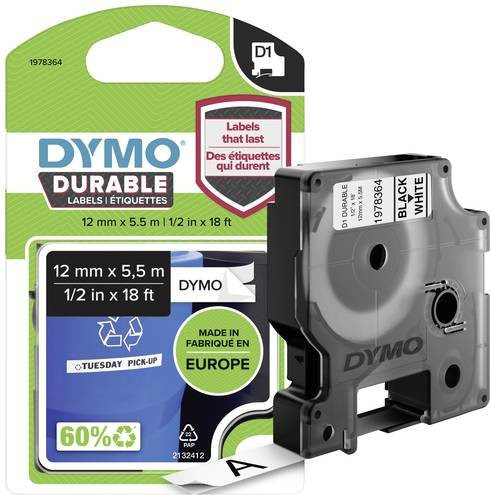 DYMO D1 Hochleistungs-Schriftband aus Vinyl, Farbe: Weiß, Schriftfarbe: Schwarz, Breite: 12 mm, Länge: 5,5 m - Bild 1