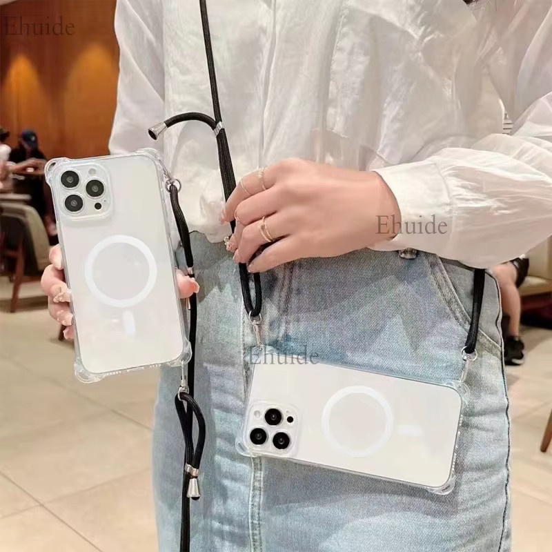 Stoßfeste magnetische Schutzhülle mit Lanyard-Kordel für Apple iPhone 12, 13, 14, 15, 16, 17 Pro Max Plus und 16E, transparent - Bild 5