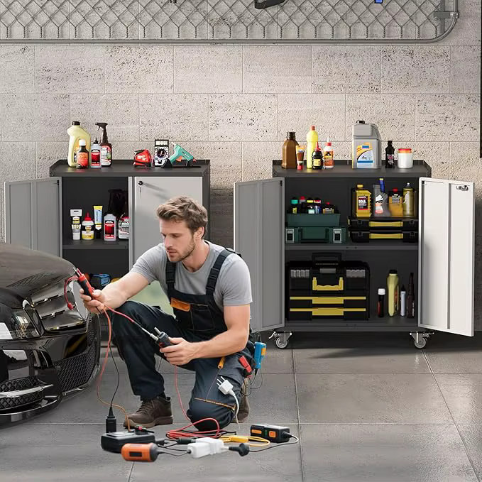 HiMISS Rollbarer Garagenschrank aus Metall in Grau mit abschließbaren Türen, 46 Zoll Werkzeugorganizer für Werkstatt und Büro - Bild 2