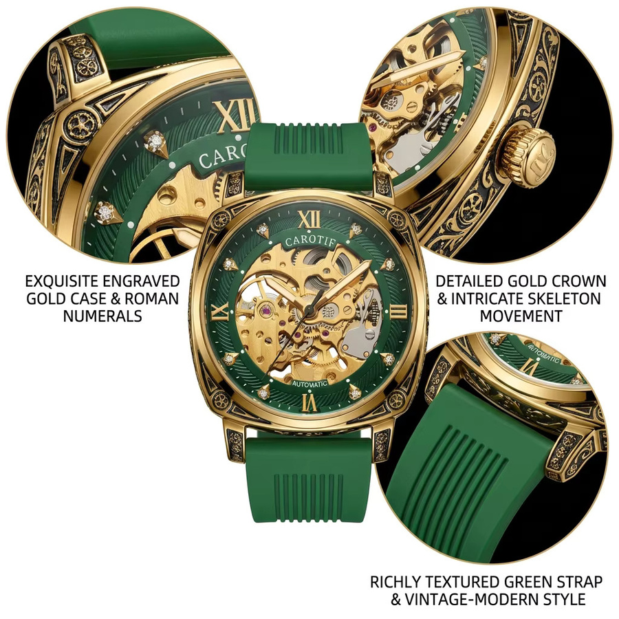 CAROTIF Armbanduhr Automatik, Gold-Grün, Silikon, Herren - Bild 6