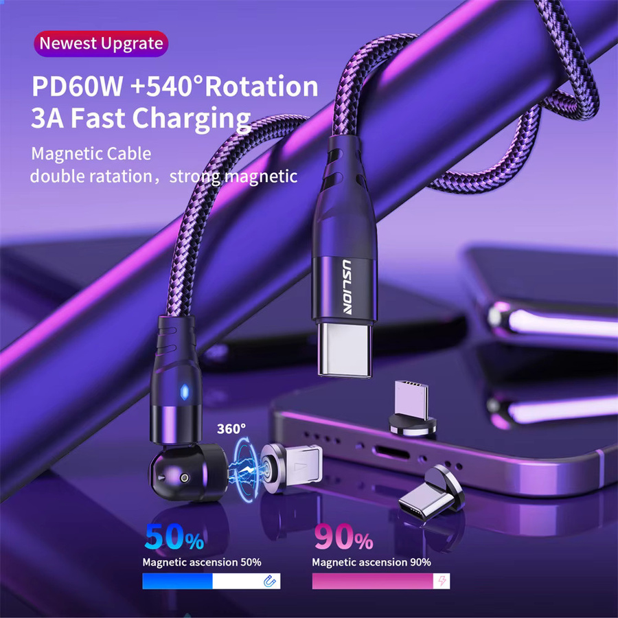 USLION PD 60 W 3 A Schnelllade-Magnetkabel mit 540 Grad Drehung für USB-C und Micro-USB in Schwarz und Rot - Bild 2