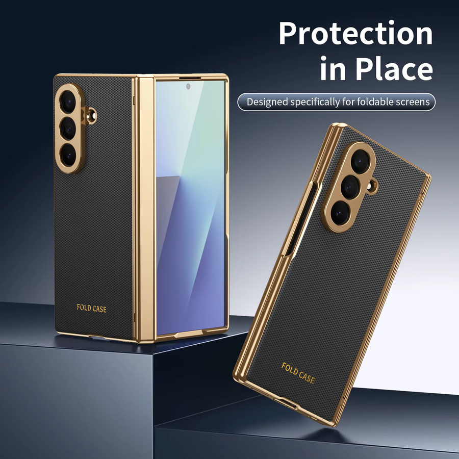 Stoßfeste Leder-Handyhülle mit Scharnierschutz und goldenem Rand für Samsung Galaxy Z Fold 7, 6, 5, 4, 3 in Schwarz, Blau oder Gold - Bild 2