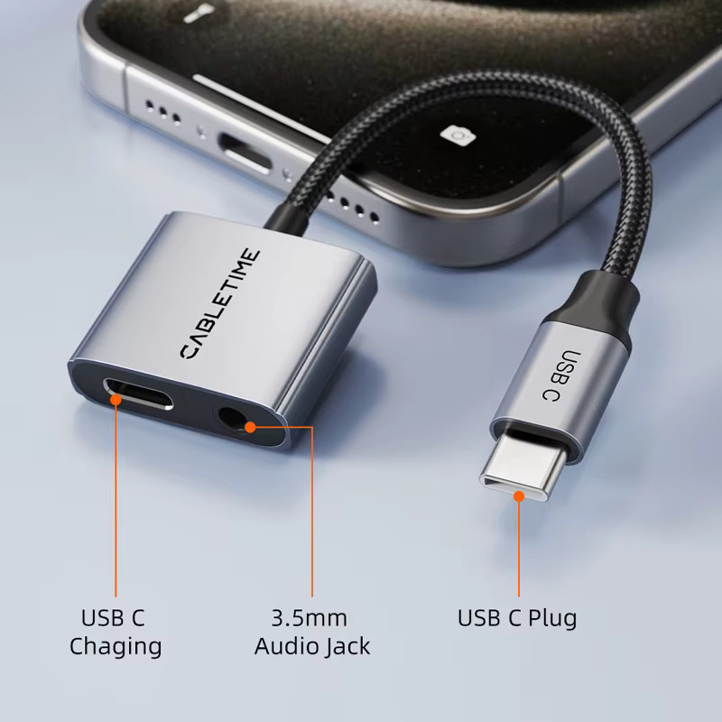 CABLETIME 2-in-1 USB-C Audio-Hub-Adapter mit 3,5mm Klinke und 60W PD Schnellladegerät für Hi-Fi-Audio - Bild 3
