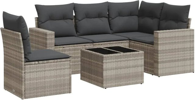 vidaXL 6-teilige Garten-Sofagarnitur in L-Form mit Kissen und Couchtisch, Hellgrau, Poly Rattan und Metallrahmen - Bild 1