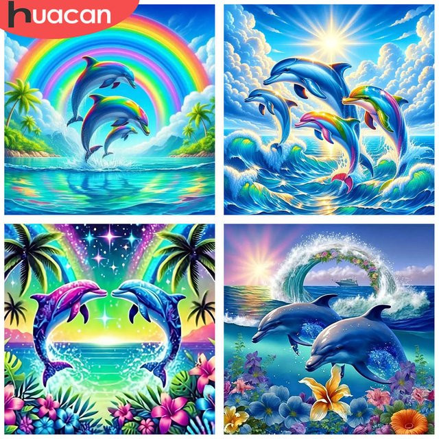 HUACAN Diamant-Malerei Delfine unter Regenbogen 5D-Diamant-Stickerei-Set mit 3D-Vollbohrern und Mosaikbild in Multicolour, Breite: 20 cm, Höhe: 20 cm - Bild 1