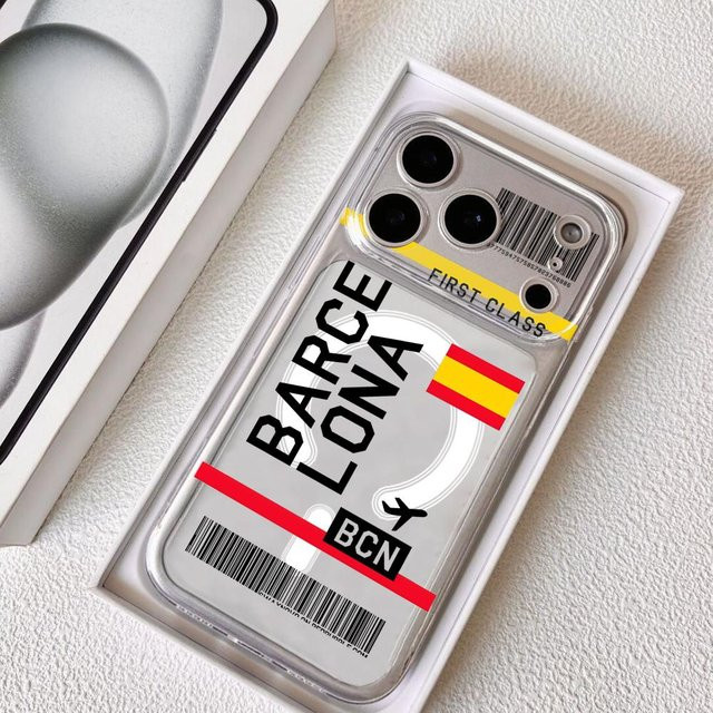 Transparente Magnetische Handyhülle mit Flugticket Spanien Motiv für Apple iPhone 17 16 15 14 13 12 11 Pro Max Plus Stoßfest und Kratzfest - Bild 1
