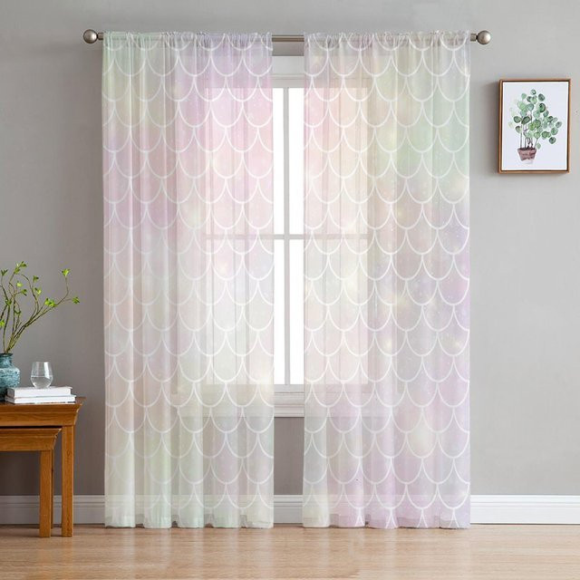 Transparenter Chiffon-Vorhang im Meerjungfrauenschuppen-Design in Regenbogenfarben, Tüll-Fensterdekoration mit Ösen, Breite: 100 cm, Höhe: 250 cm - Bild 1