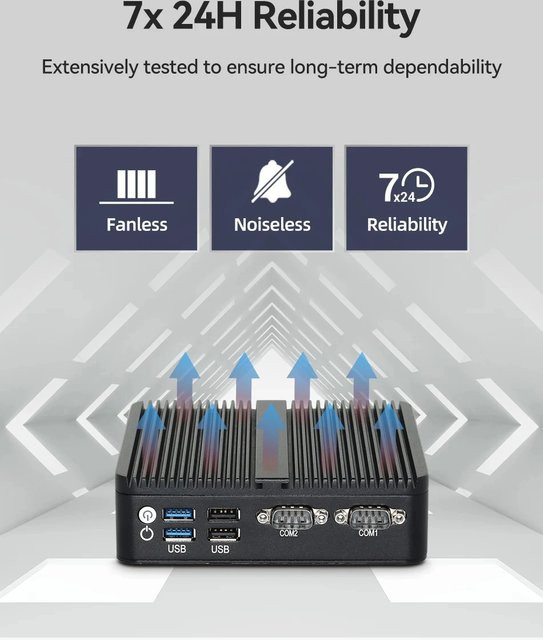 2LAN2COM Industrie-Mini-PC mit Intel Celeron J6412/N100, Schwarz, unterstützt Windows 10/11 und Linux Pfense, mit 4x USB, 1x DP1.4 und 2x HDMI 2.0 - Bild 1