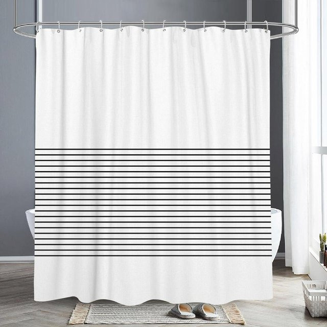 Duschvorhang mit abstraktem geometrischem Linien-Design und Buchstabendruck von YTO Household items in Schwarz-Weiß, B: 200 cm, H: 180 cm - Bild 1