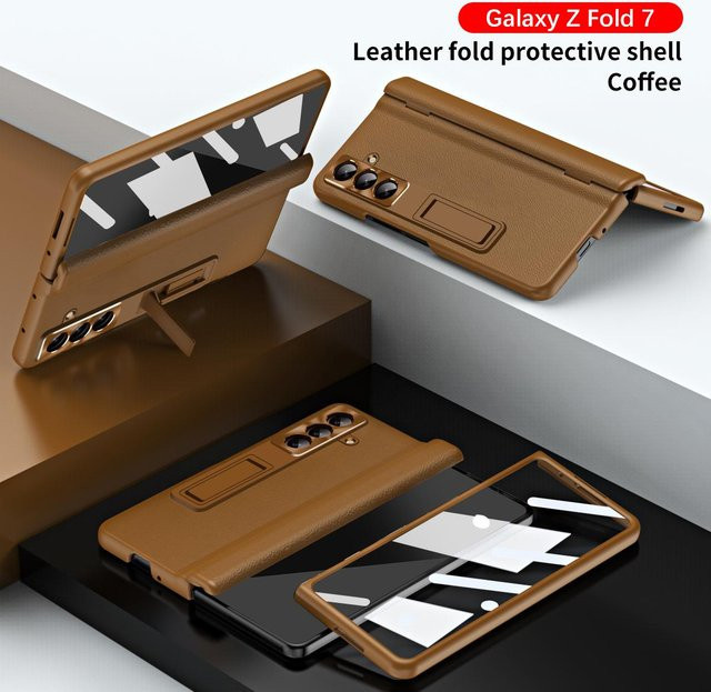 Leder Handyhülle für Samsung Galaxy Z Fold 7 6 5 4 3 mit magnetischem Scharnierständer und Spiegelfolie in Braun - Bild 1