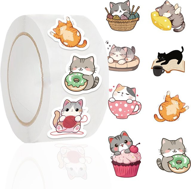 500 Stück Kawaii Katzen Aufkleber Rollen in 10 verschiedenen Stilen, wasserfeste Vinyl Sticker für Laptop und Handy, Mehrfarbig - Bild 1