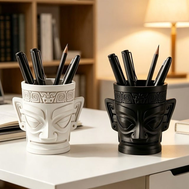 Kreativer Schreibtisch-Organizer Sanxingdui Bronze-Maske als Stifthalter in Schwarz oder Weiß - Bild 1