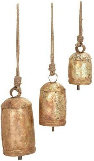 Handgemachte Kuhglocke aus Kupfer und Messing im Shabby-Landhaus-Stil, Goldfarbenes Windspiel als hängendes Ornament - Bild 1