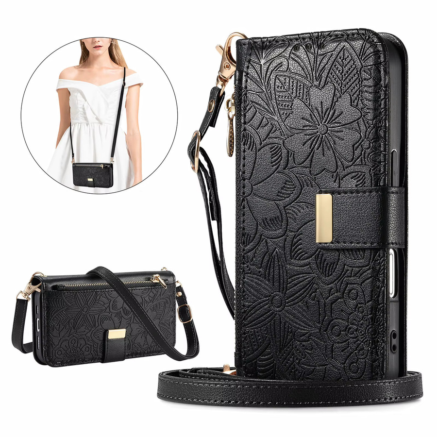Handtaschen-Handyhülle mit Blumenmuster aus PU-Leder für Google Pixel 10 Pro XL, 10A, 9A und 9 mit Reißverschluss, Kartenfach und Handgelenkband in Schwarz oder Grau - Bild 3