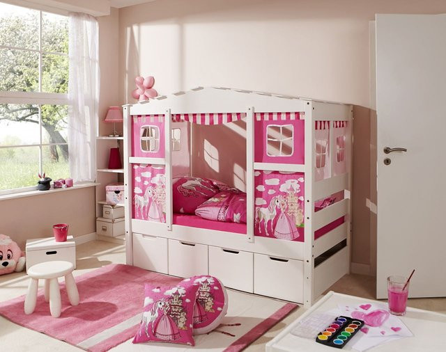 TICAA Hausbett MINI Prinzessin aus Kiefernholz in Rosa mit Zusatzbett und 2 Matratzen, B/T/H: 160 x 80 x 90 cm - Bild 1