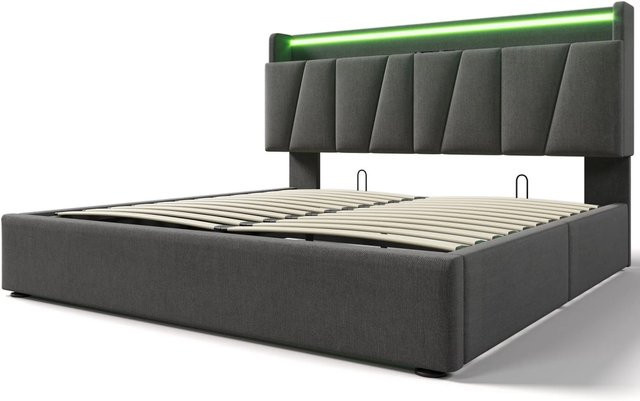 Merax Polsterbett Grau mit LED-Beleuchtung, USB-Anschluss und Stauraum B/T/H: 140 x 200 x 10d cm (Breite: 140 cm, Tiefe: 200 cm, Höhe: 10d cm) - Bild 1