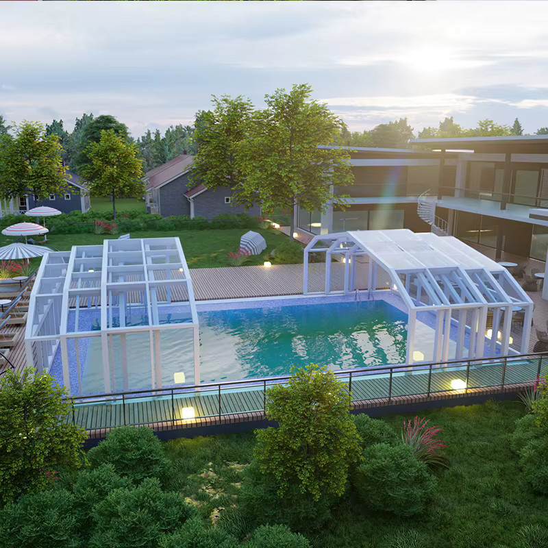Elektrische Flachdach-Gewächshauskonstruktion aus gehärtetem Glas mit automatischer teleskopischer Schiebeabdeckung für Schwimmbecken und Solaranlagen in Weiß - Bild 2