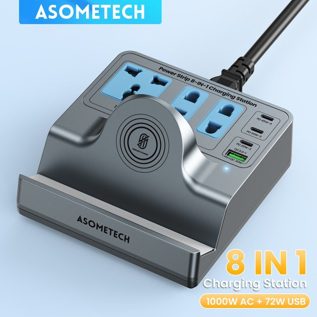 ASOMETECH 72 W Schnellladestation mit kabellosem Ladegerät, 3 Steckdosen und 4 USB-Anschlüssen, grau - Bild 1