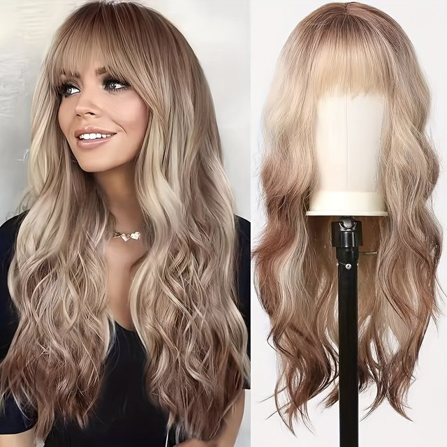 Blonde Unicorn Perücke, goldbraun Ombre, lang gewellt mit Pony, Damen - Bild 1