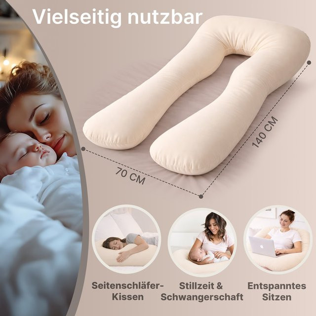 ELONEO Seitenschläferkissen in U-Form als Stillkissen und Schwangerschaftskissen XXL, Farbe: Beige - Bild 1