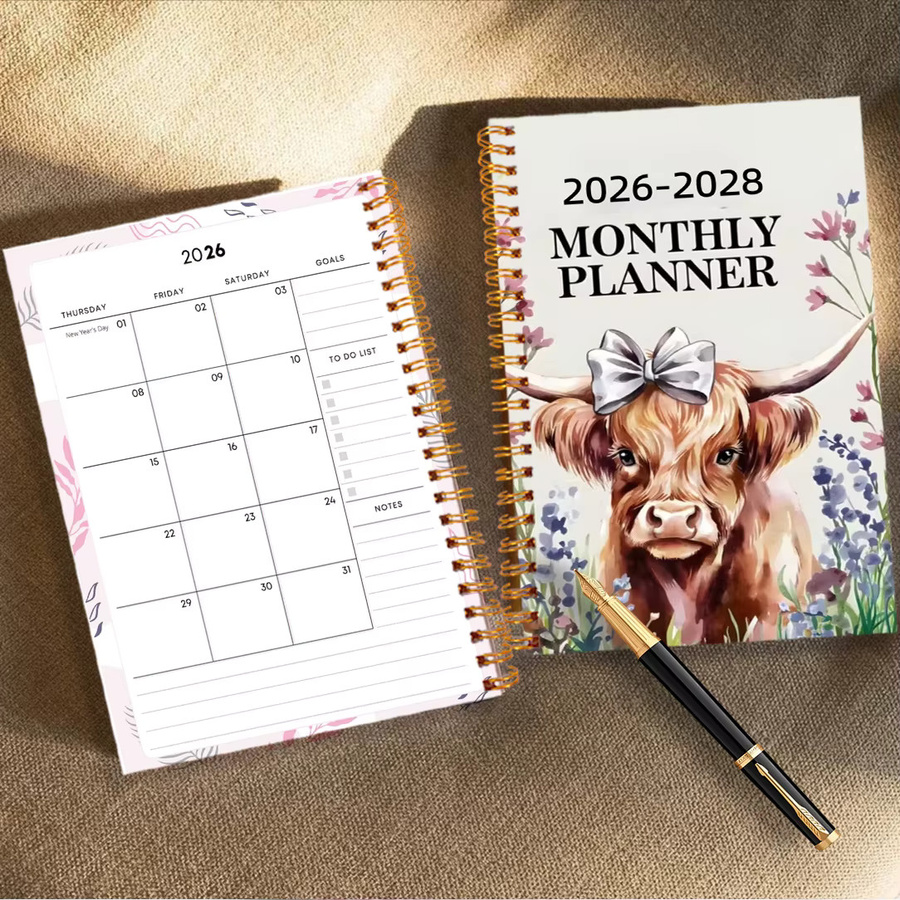 Elegantes Highland Cow Design Wochen- und Monatsplaner 2026-2028, spiralgebundenes Notizbuch mit Softcover in Multicolour - Bild 4