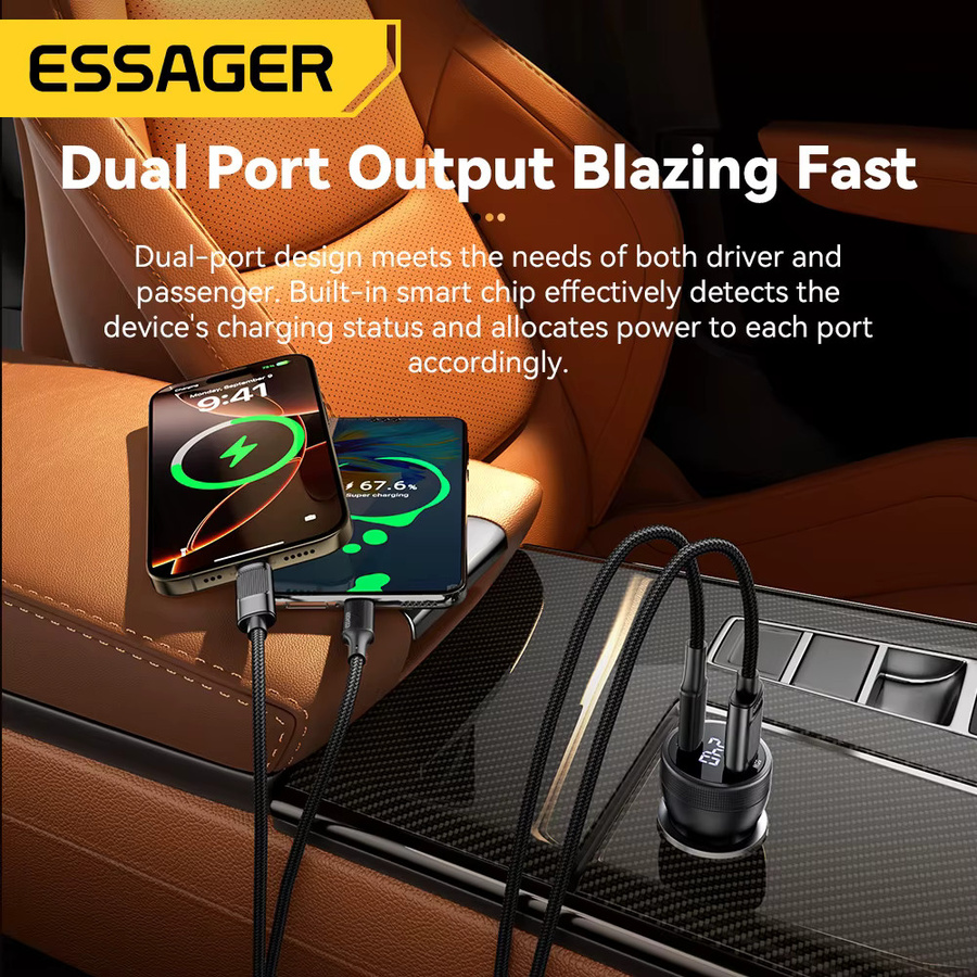Essager 100W Auto-Ladegerät mit USB-C PD 45W Schnellladung in Schwarz - Bild 3