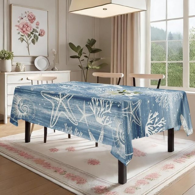 Wasserdichte Tischdecke JINGYUE Pet mit Seestern-Koralle-Motiv in Blau, B/L: 140 x 180 cm - Bild 1