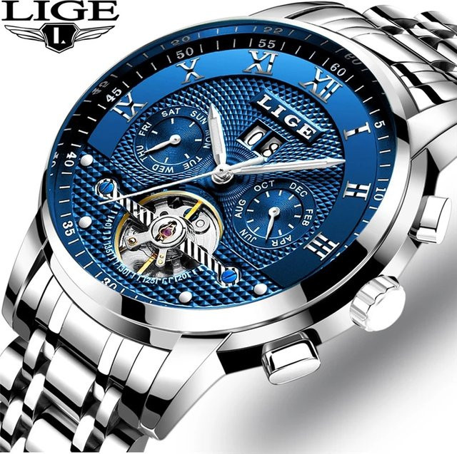 LIGE Armbanduhr Automatik, Edelstahl, Blau, Herren - Bild 1