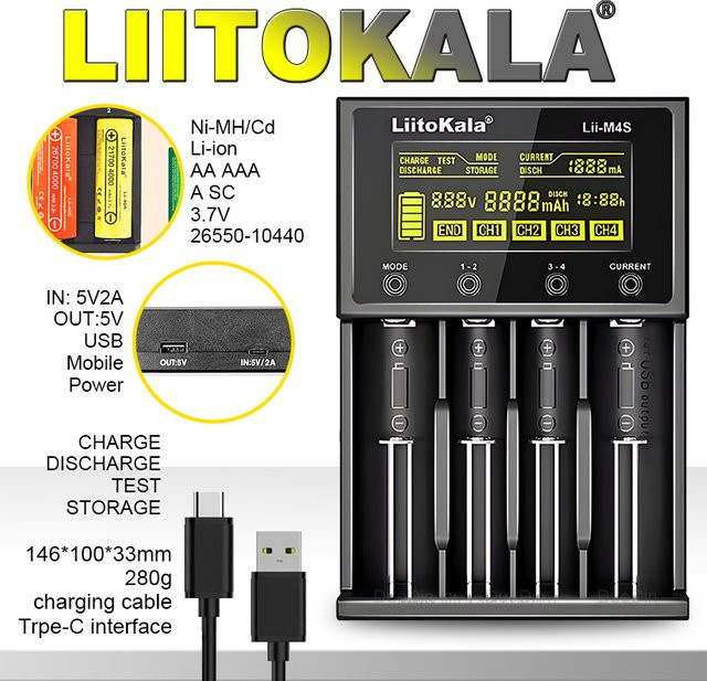 LiitoKala Intelligentes Ladegerät Lii-M4S/M4 mit LCD-Display, USB-C-Eingang, Schwarz, für 18650/AA/AAA Batterien - Bild 1