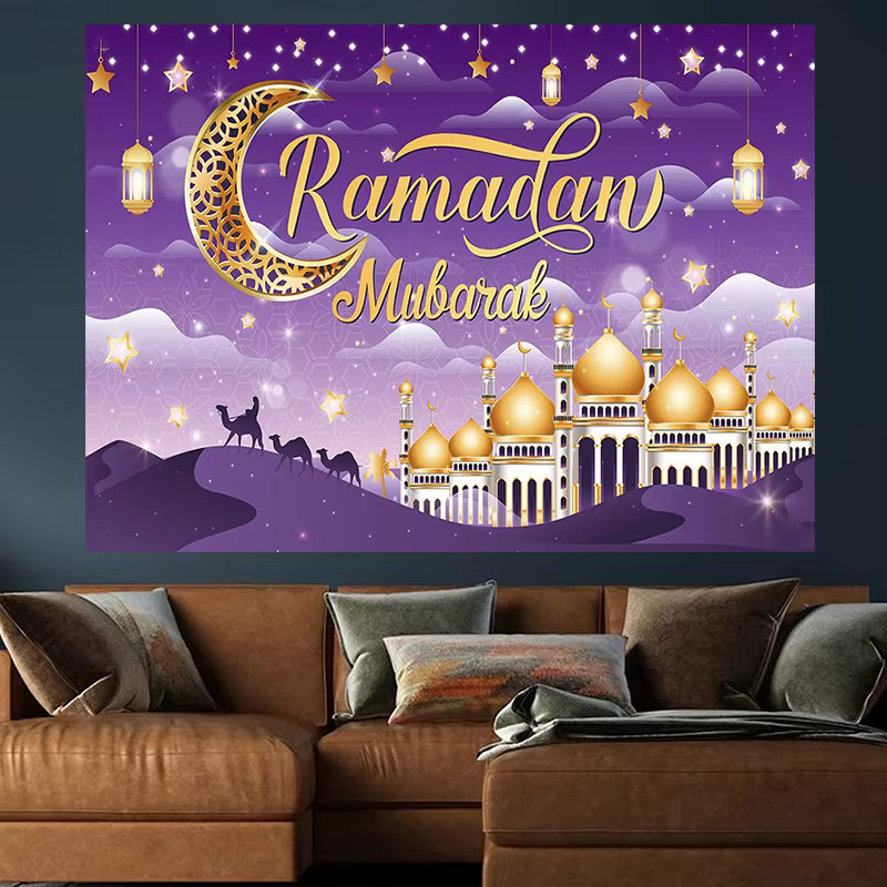 VIKAMA Eid Mubarak Fotografie-Hintergrund für Ramadan Party-Dekoration in Lila mit goldenem Halbmond und Sternen - Bild 3