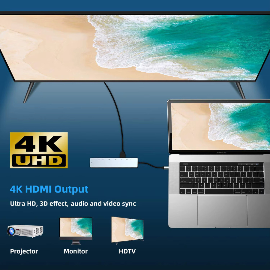 SZEGYCHX USB-C-Hub mit 4K HDMI, RJ45 Ethernet, VGA und SD/TF-Kartenslot in Silber für MacBook Pro und Air - Bild 4