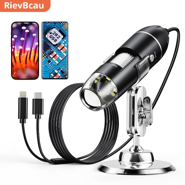 RIEVBCAU USB-Mikroskop in Schwarz mit 1600-facher Vergrößerung, 1920P digitales Spiegelroskop mit 8 LEDs, kompatibel mit iOS und Android - Bild 1