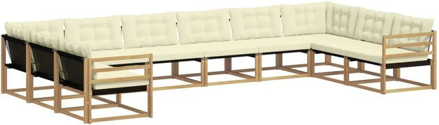 vidaXL Outdoor-Sofagarnitur 10-teilig in U-Form aus massivem Akazienholz mit Textilene und Kissen, Weiß und Creme-weiß - Bild 1