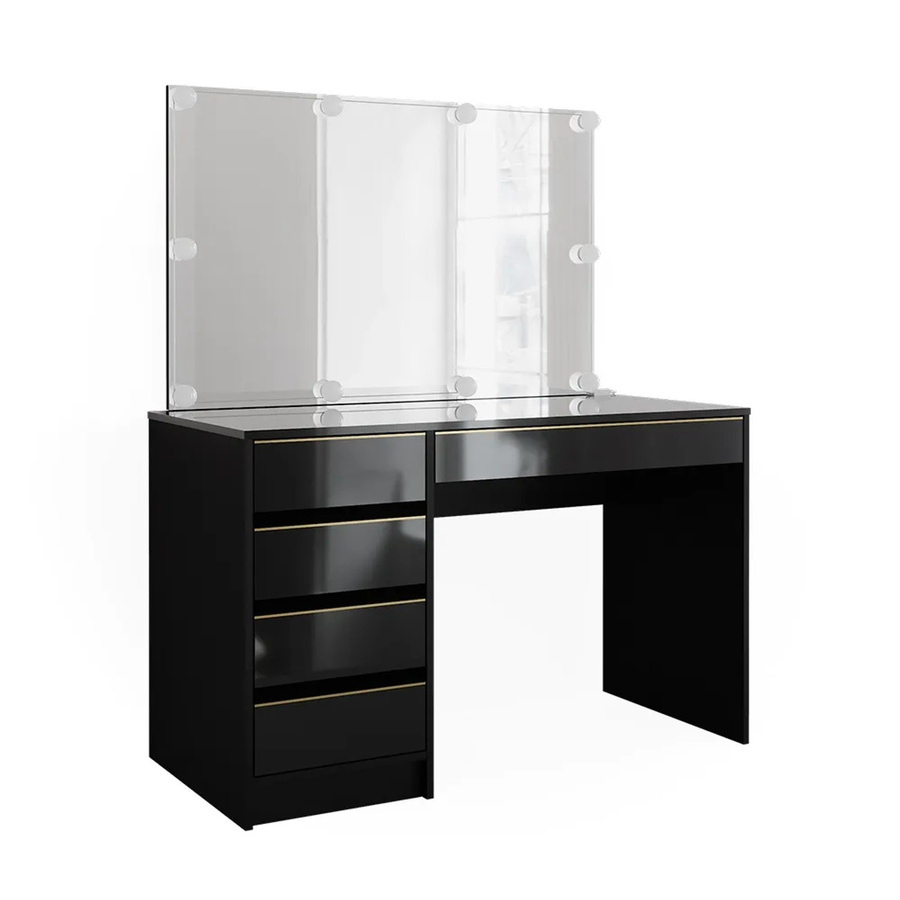 Vicco Schminktisch Sherry in Schwarz Hochglanz mit Gold-Akzenten, LED-Spiegel und 5 Schubladen, B: 120 cm, T: 75 cm, H: 75 cm - Bild 3