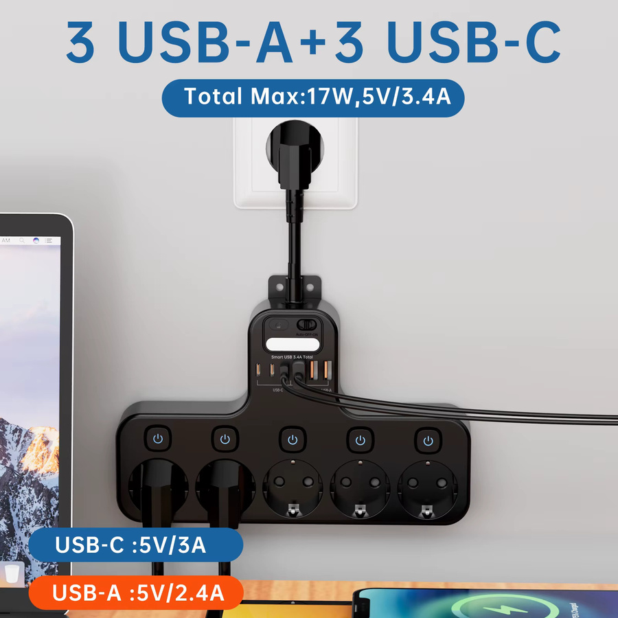 Steckdosenleiste 12 in 1 mit EU-AC-Stecker, Wandmontage, 4000 W, unabhängige Schalter, Sensor-Nachtlicht, 3 USB-C und 3 USB-A Anschlüsse, Schwarz - Bild 2
