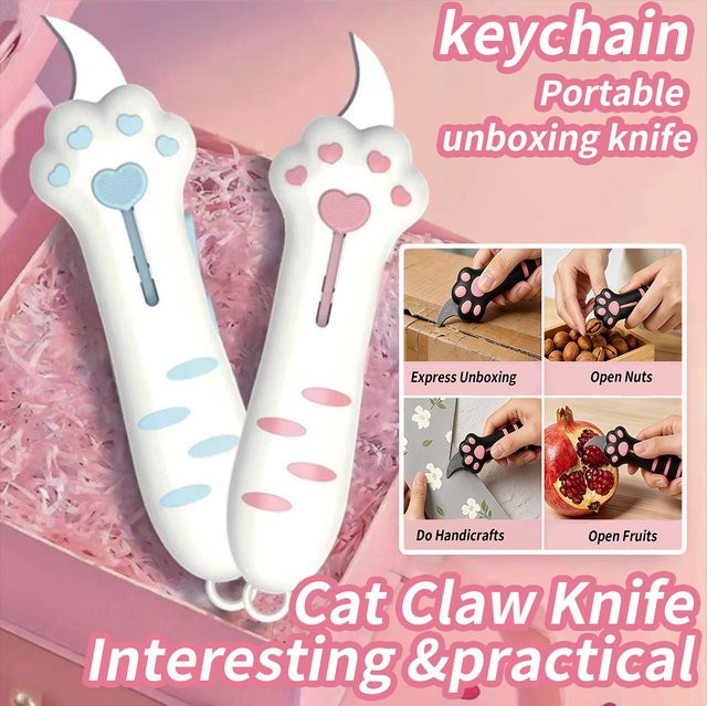 Einziehbarer Katzenkrallen Schlüsselanhänger als Mini-Paketöffner und Universalmesser in Pink - Bild 1