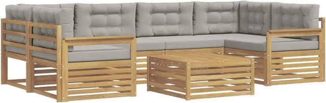 vidaXL Outdoor-Sofagarnitur 7-teilig aus Akazienholz und Polyester in Weiß-Hellgrau - Bild 1