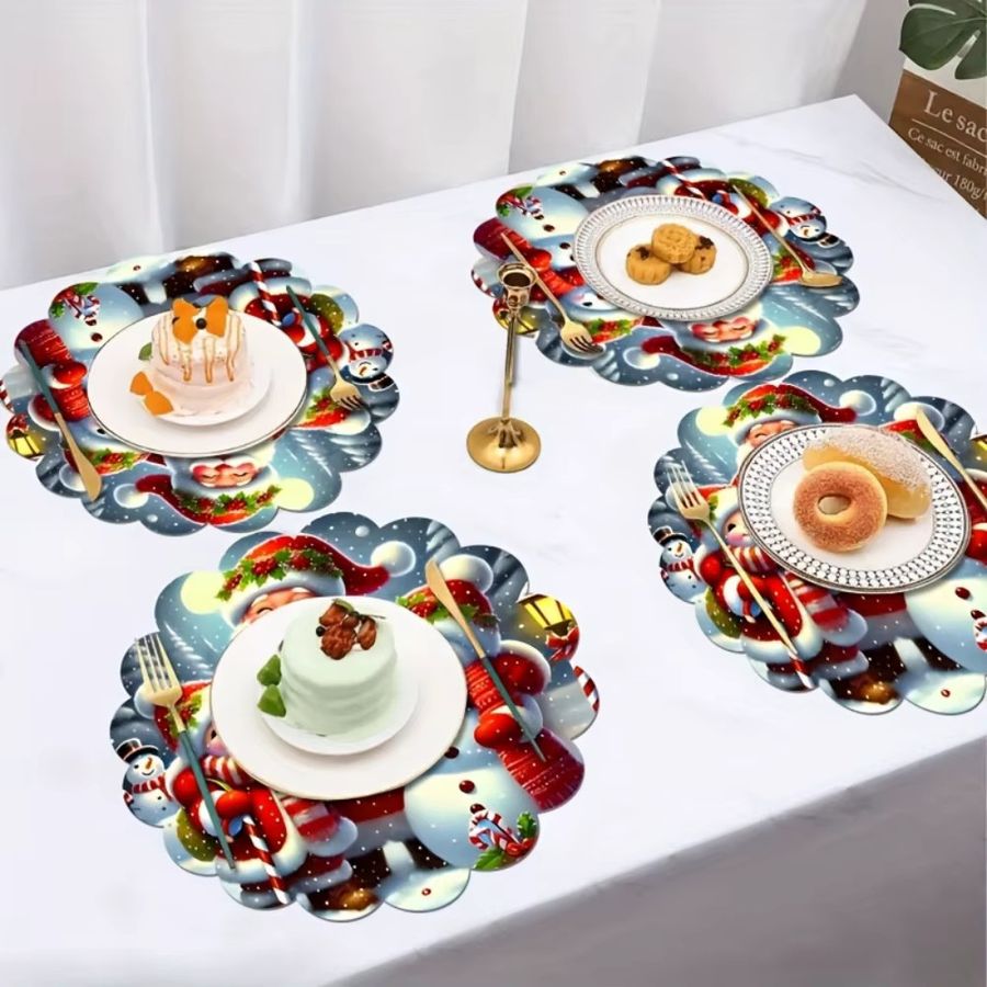 VIKAMA 4-teiliges Weihnachts-Tischdecken-Set mit Tischsets und Untersetzern, wasserdicht, Design Weihnachtsmann und Schneemann, ideale Dekoration für deinen Esstisch und die Küche - Bild 3