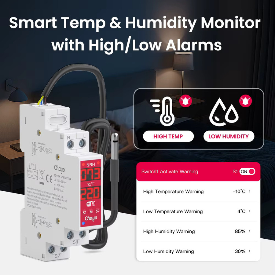 Chayo Smart WLAN-Schalter mit Temperatur- und Feuchtigkeitssensor, 2-fach, DIN-Schiene 18mm, 3840W AC/300W DC, Timer, Smart Life/Alexa/Google Tuya, Weiß - Bild 4