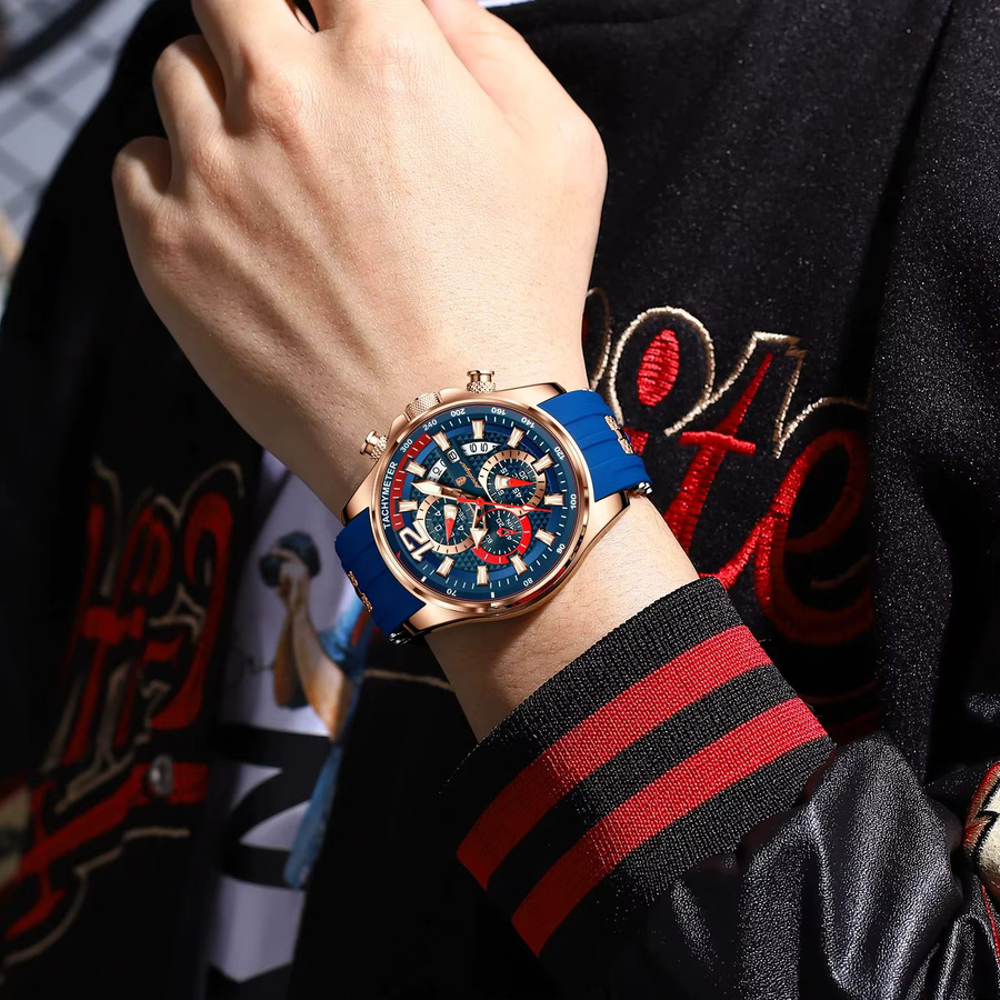 POEDAGAR Chronograph Armbanduhr, Quarz, Silikon, Schwarz, Herren - Bild 6