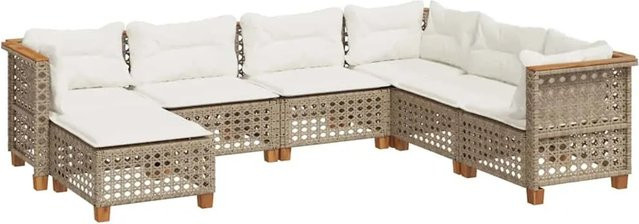 vidaXL 7-teilige Garten-Sofagarnitur in L-Form aus Polyrattan und Akazienholz in Beige mit Kissen und Fußhocker - Bild 1