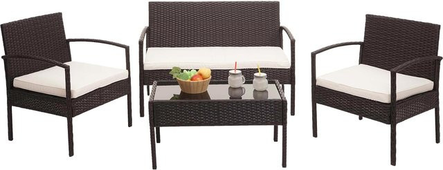 MCW Poly-Rattan Garten-Lounge-Set in Braun mit beigen Polstern, bestehend aus 1 Bank, 2 Sesseln und 1 Tisch - Bild 1