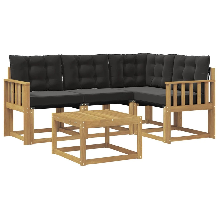 vidaXL Outdoor-Sofagarnitur 5-teilig in L-Form mit Kissen und Couchtisch aus Akazienholz in Weiß und Schwarz - Bild 2